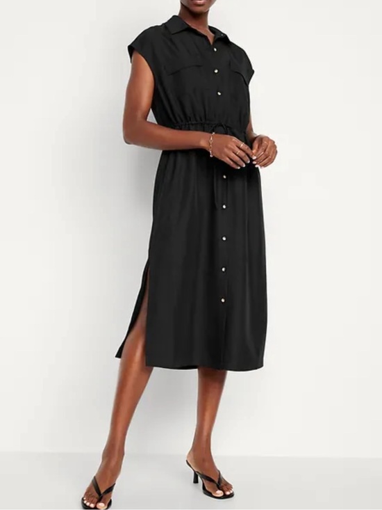 Old Navy Dresses & Skirts - Old Navy Black Short Sleeve Waist Defined Utility Button Up Midi Shirt Dress L